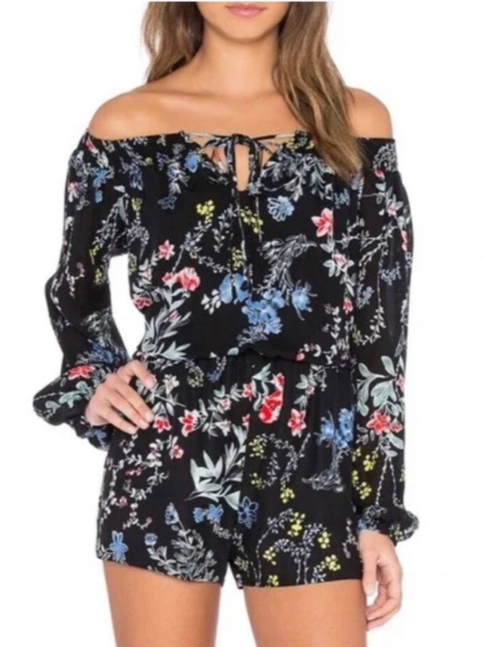 Parker Silk Cloud Black Floral Long Sleeve Romper XS Casual Lightweight